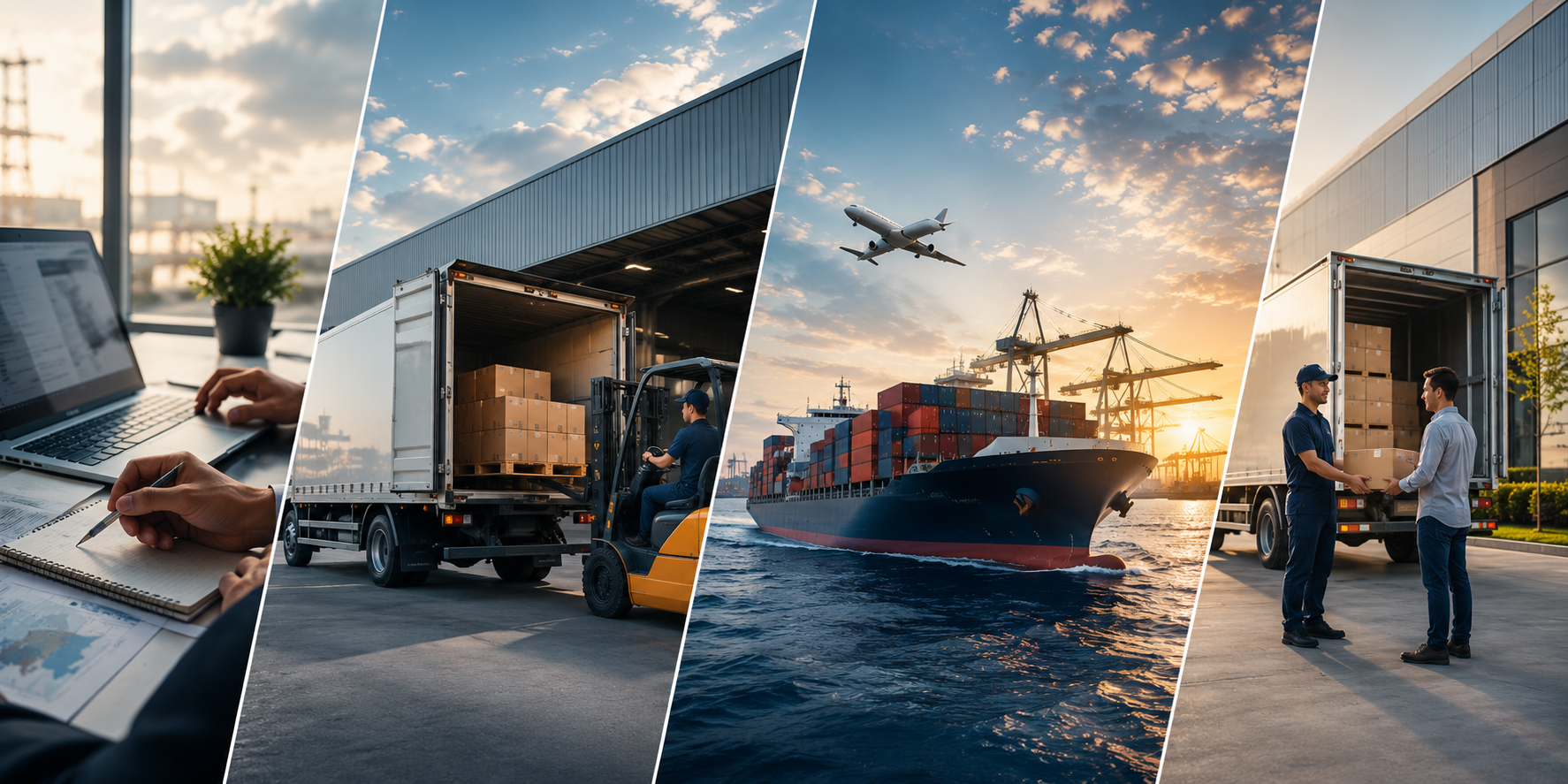 Macosan Logistics process showing quote, cargo pickup, international shipping and safe delivery